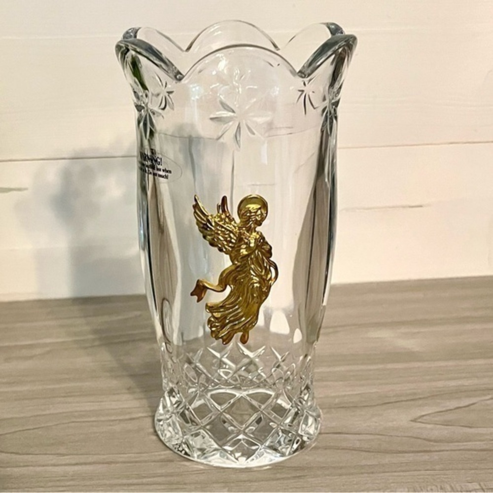VTG Teleflora Heavy Bohemian Lead Crystal Hurricane Candle Holder Golden Angel